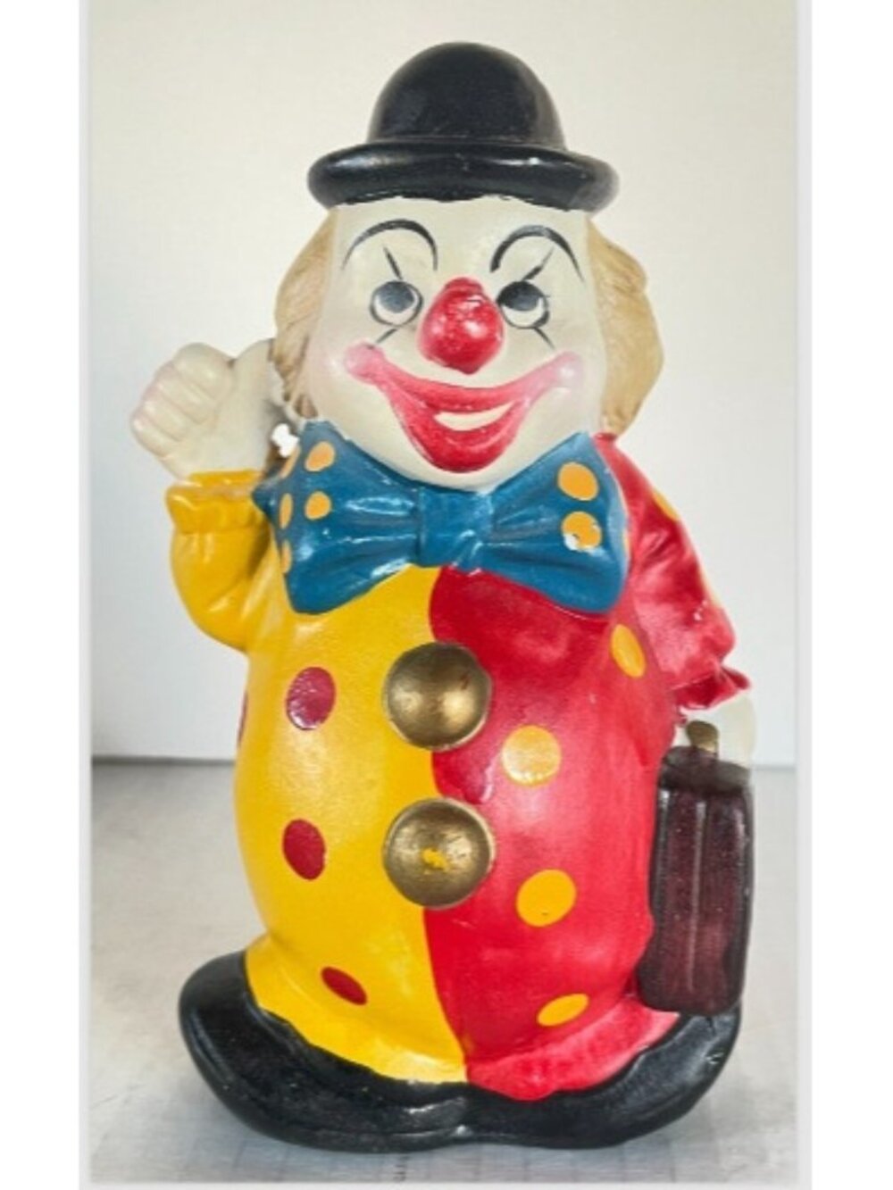 Vintage Ceramic 6" Clown Coin Bank Red & Yellow, Blue Bowtie, Circus Figurine